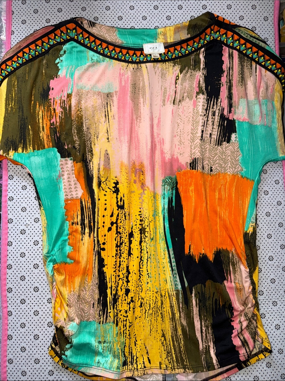🛍eci Multicolor Abstract Print Women's Top - Pink, Turquoise, Orange SIZE L